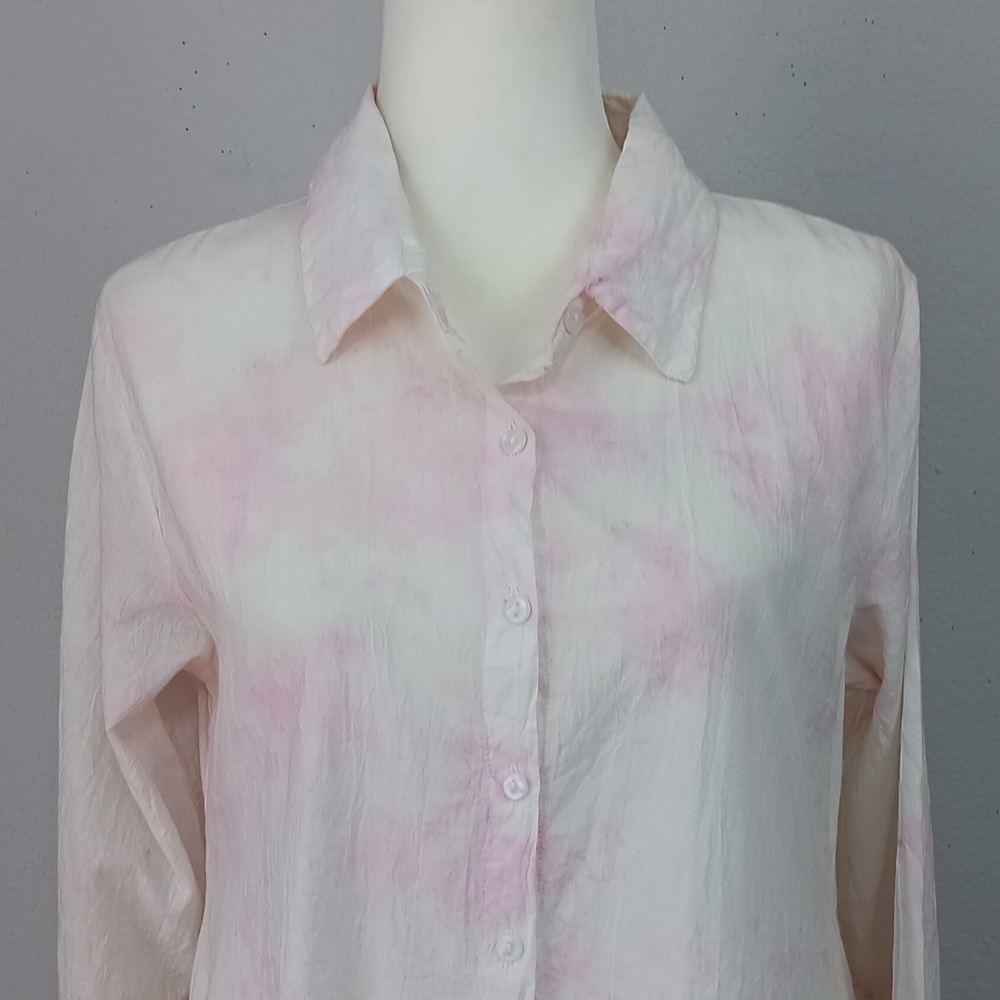 Women's Pink / White High Low Button Down Long Sleeve Flowy Top Sz L Coquette - Picture 4 of 14